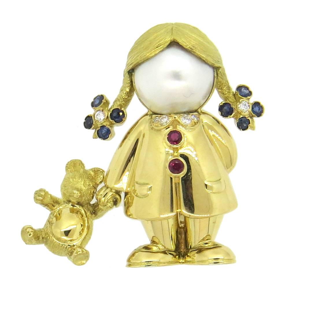 Fred Paris Adorable Pearl Sapphire Diamond Gold Girl with Teddy Bear Brooch