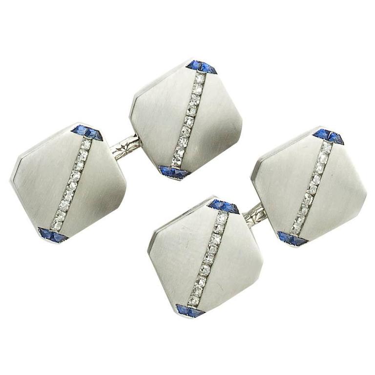 J.E. Caldwell Sapphire Diamond Platinum Cufflinks For Sale