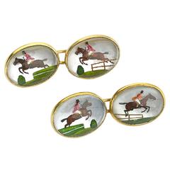Antique Victorian Horse and Jockey Reverse Painted Crystal Cufflinks