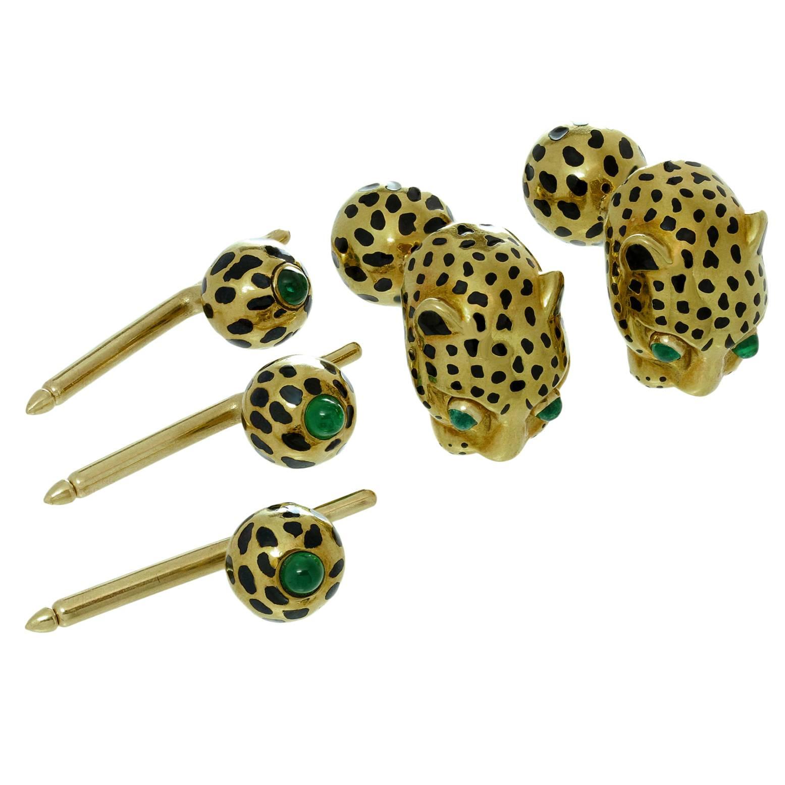 David Webb Enamel Emerald Gold Leopard Cufflinks and Studs Set Father's Day 
