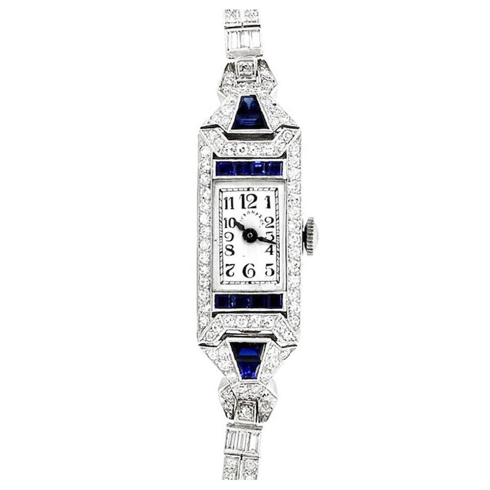Tiffany & Co. Lady's Platinum, Diamond and Sapphire Art Deco Wristwatch
