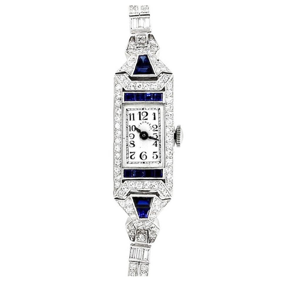 Tiffany & Co. Damen Platin:: Diamant und Saphir Art Deco Armbanduhr