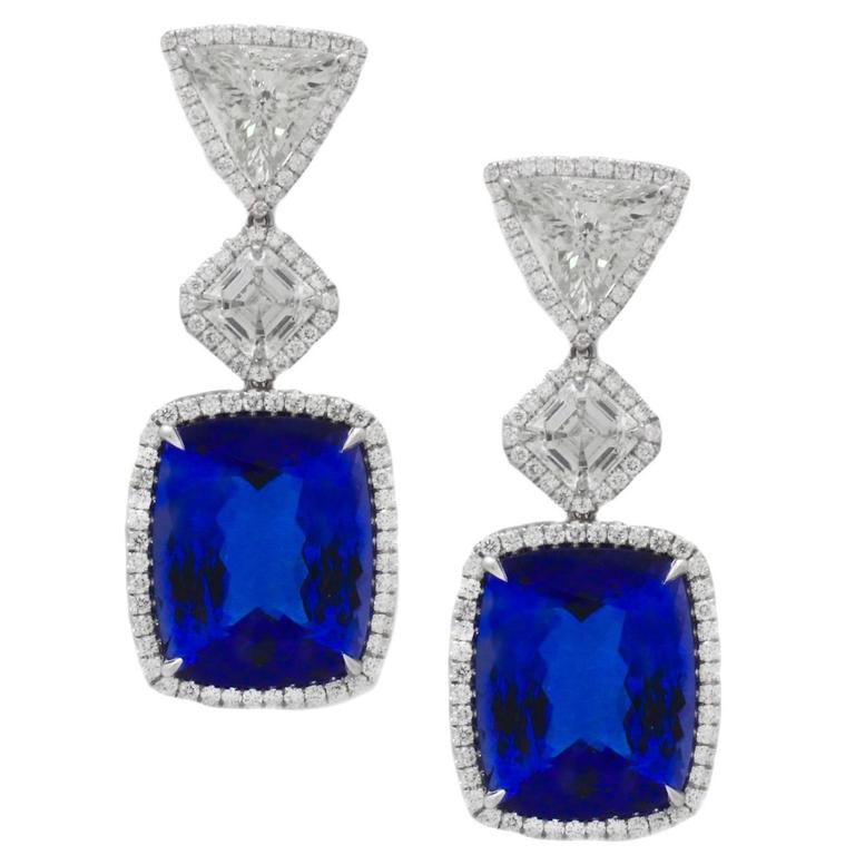 GIA Certified Tanzanite Diamond Gold Platinum Earrings For Sale