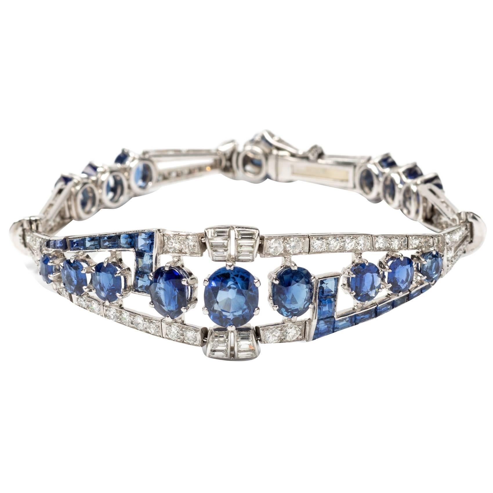 Art Deco Sapphire Diamond Bracelet in Platinum and White Gold For Sale