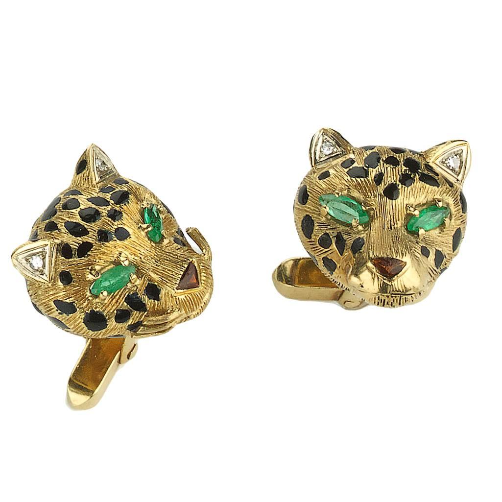 Frascarolo Enamel Emerald Gold Leopard Cufflinks