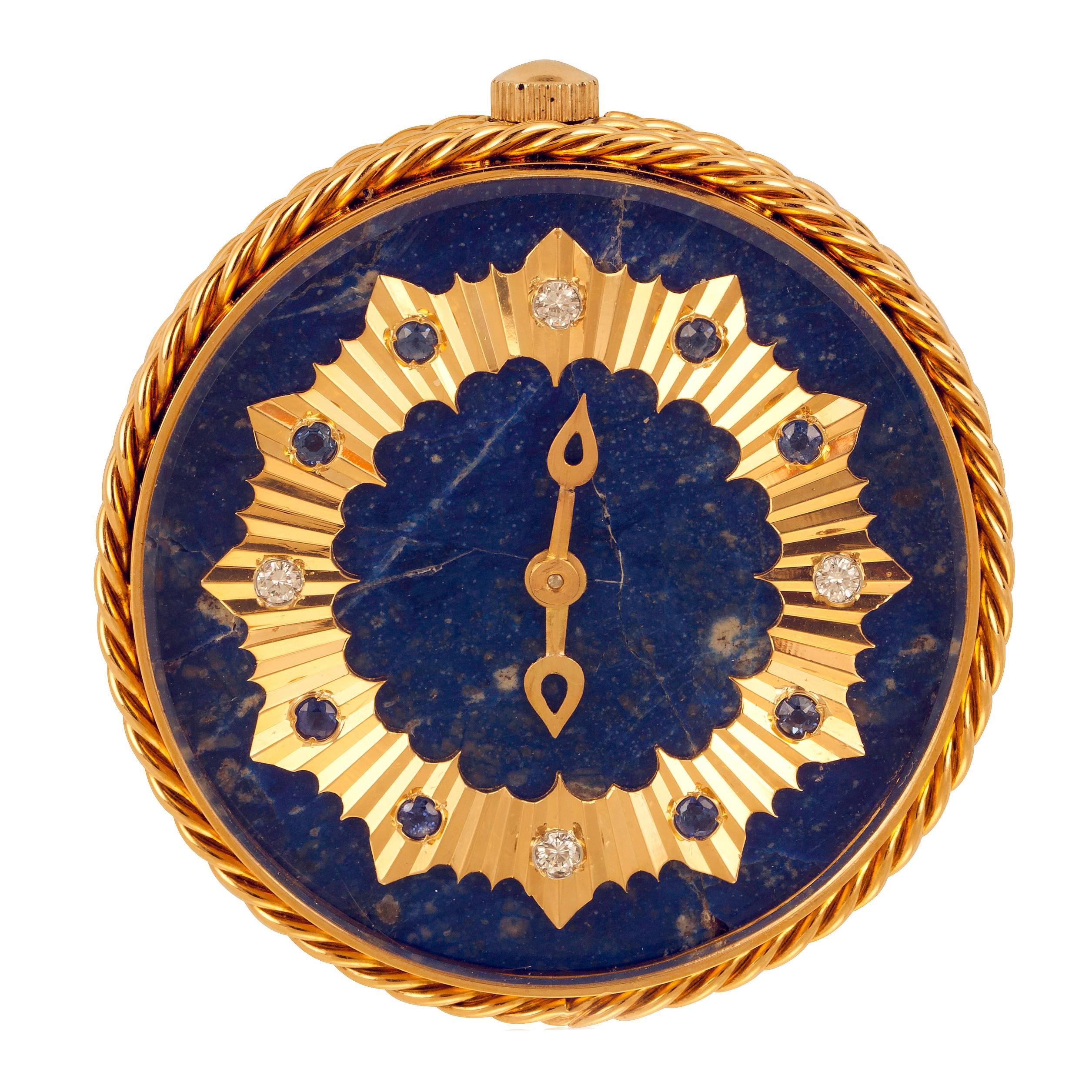 Van Cleef & Arpels Lapis Lazuli Sapphire Diamond Gold Travel Clock For Sale