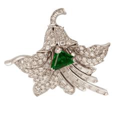 Paul Flato Emerald Diamond Platinum Pin/Pendant