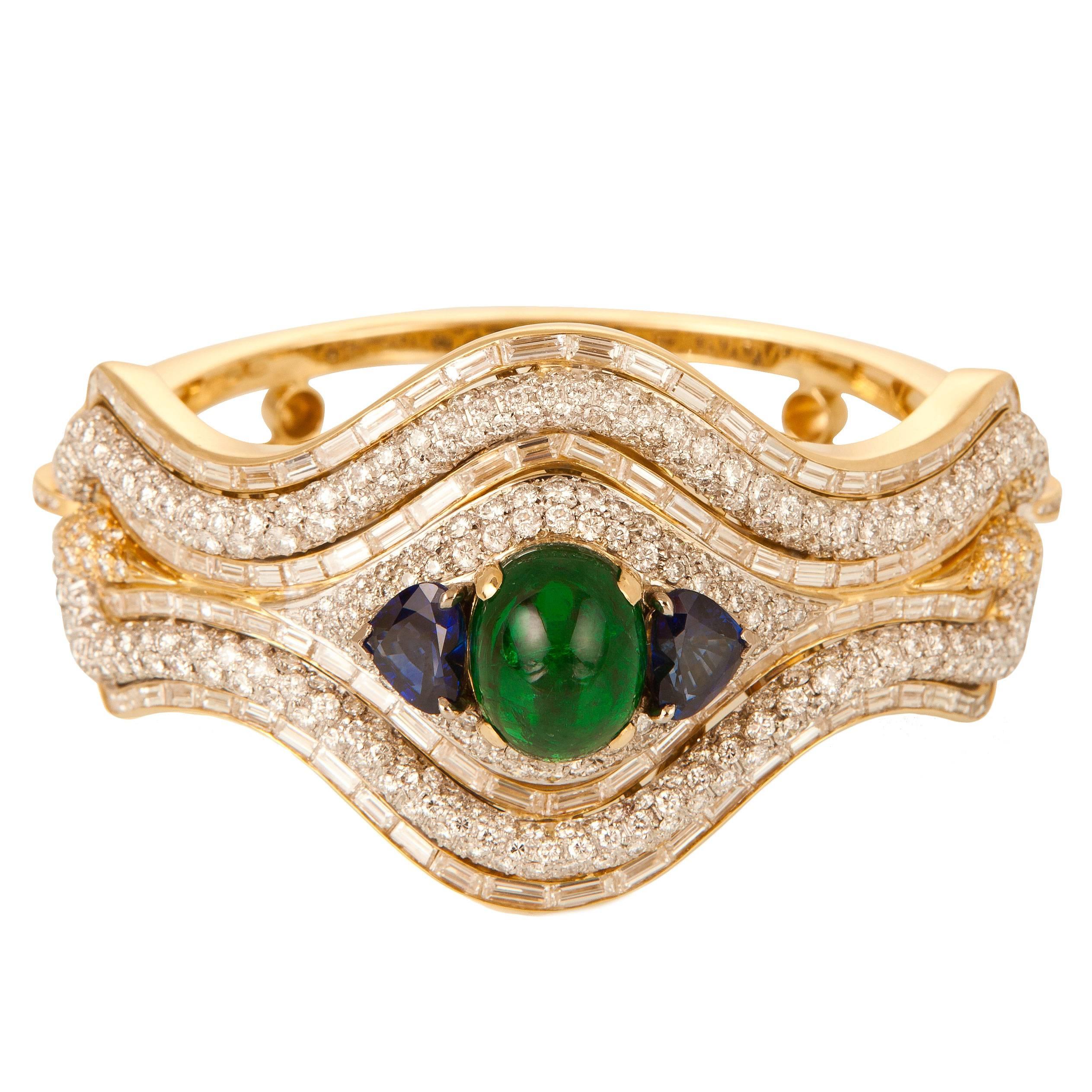 Emerald Sapphire Diamond Gold Bangle Bracelet For Sale