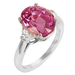 Pink Sapphire Diamond Platinum Three Stone Ring 2