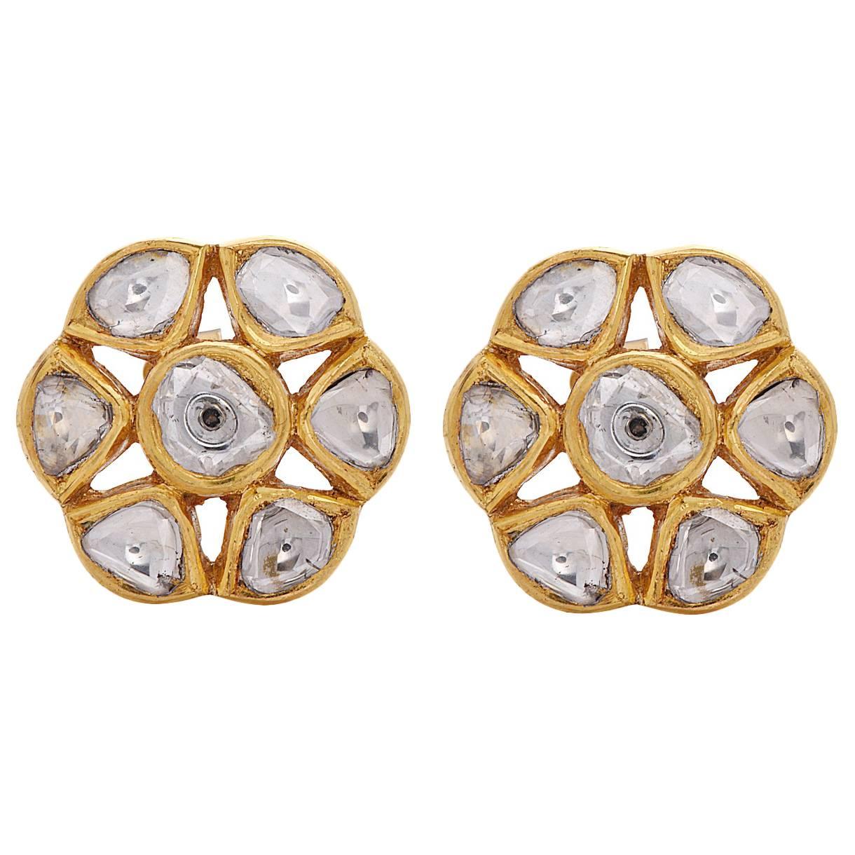 Unique Floral Rose Cut Diamond Gold Stud Earrings