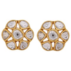 Unique Floral Rose Cut Diamond Gold Stud Earrings