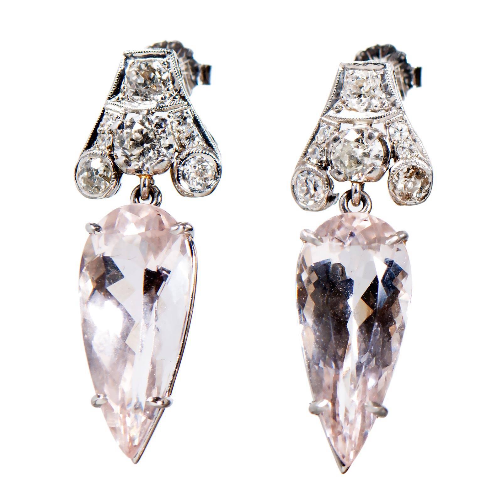 Morganite Diamond Platinum Dangle Earrings
