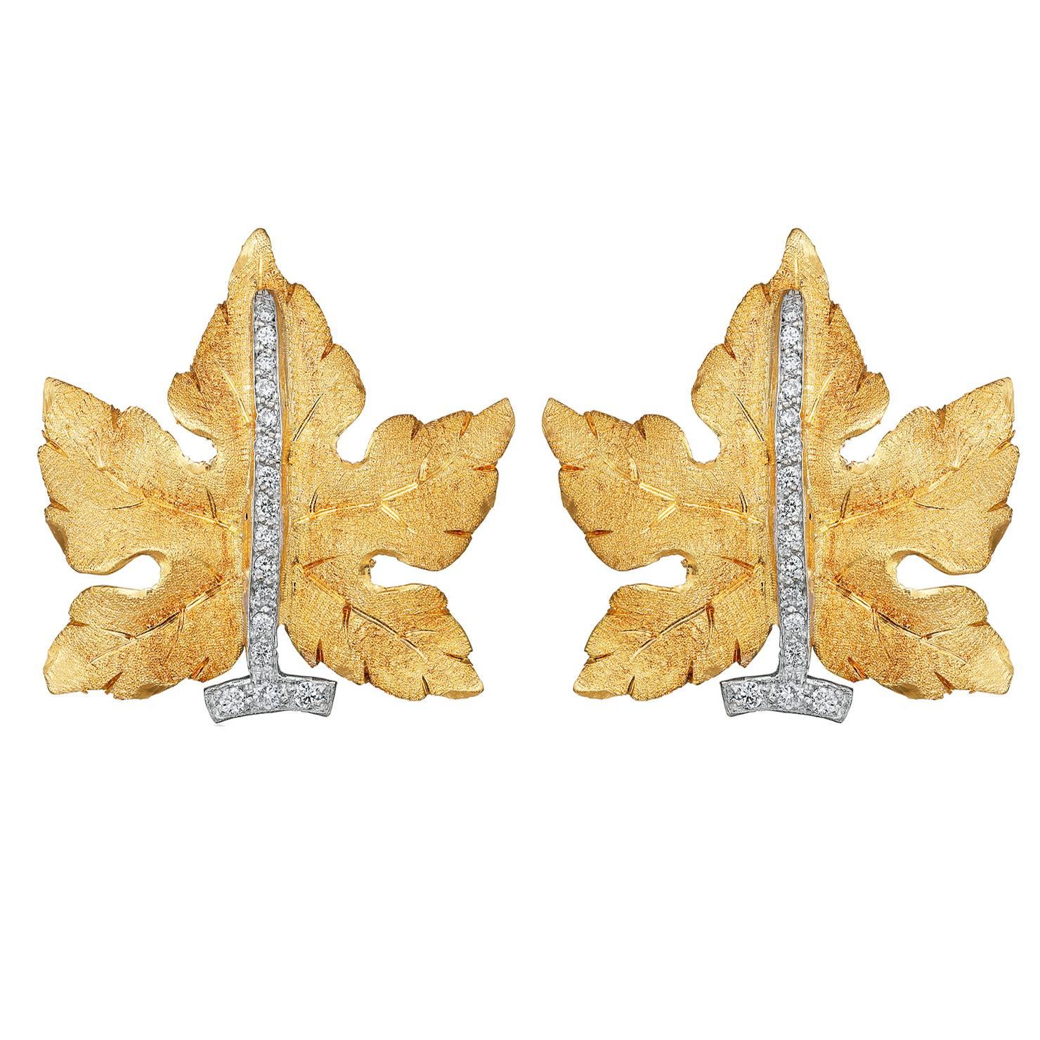 Buccellati Diamond Gold Leaf Earrings For Sale