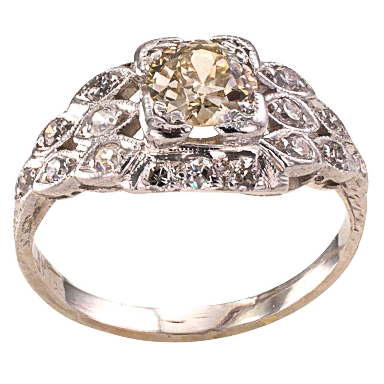  Art Deco Old European-cut Yellow-brown Diamond platinum Ring