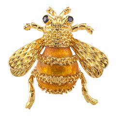 Sapphire Enamel Gold Bee Brooch