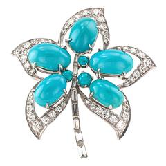 Modernist Turquoise Diamond Platinum Leaf Brooch