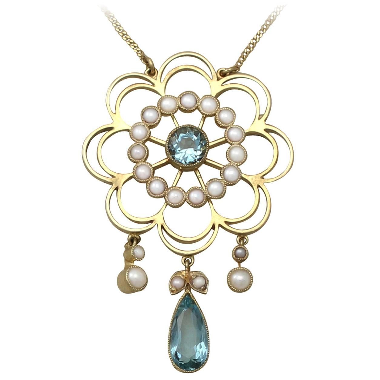 Antique Aquamarine Pearl Gold Pendant