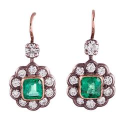 Antique Style Emerald Diamond Flower Cluster Drop Earrings