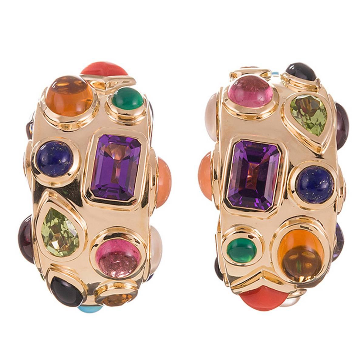 Seaman Schepps Multi-Gemstone Gold Hoop Earrings