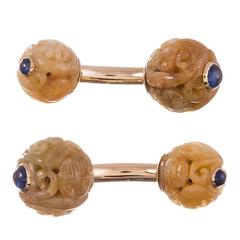 Trianon Carved Brown Jade Sapphire Cabochon gold Cufflinks 
