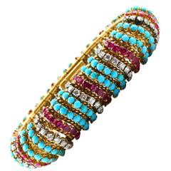 1960s Ruby Turquoise Diamond Gold Bracelet 