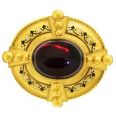 Antique Gothic Revival Garnet and Enamel Gold Brooch 9