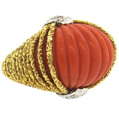 1960s Large Carved Coral Diamond Gold Dome Ring