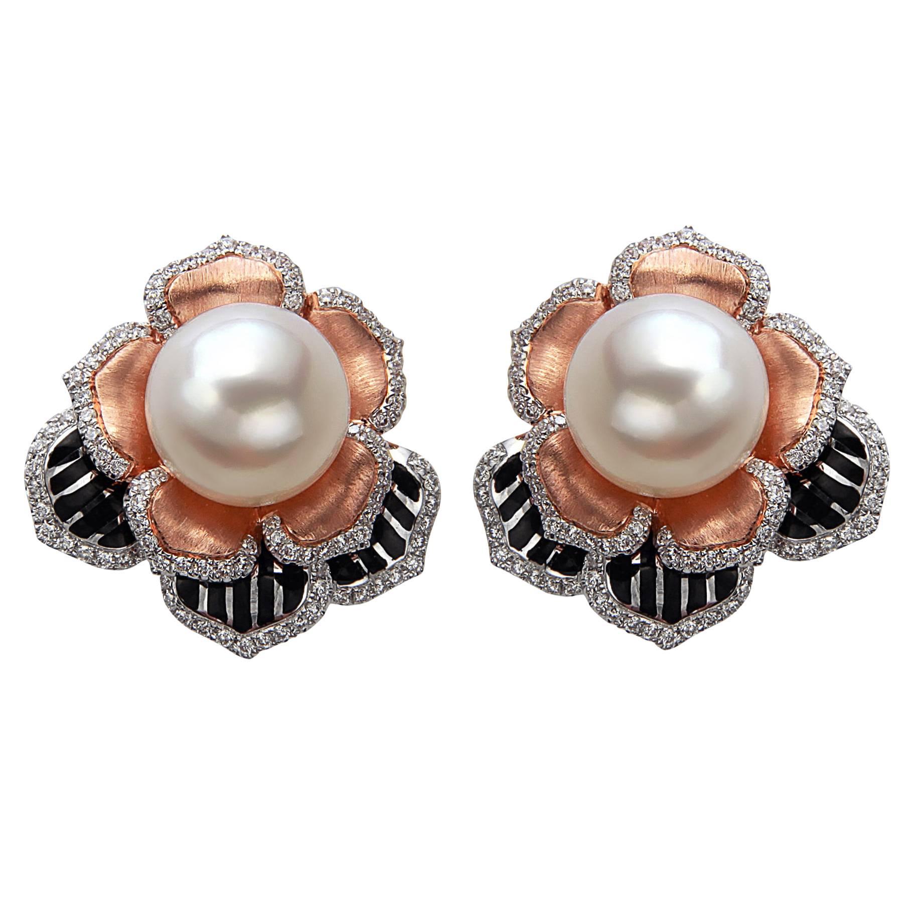 South Sea Pearl Diamond Gold Flower Earrings For Sale