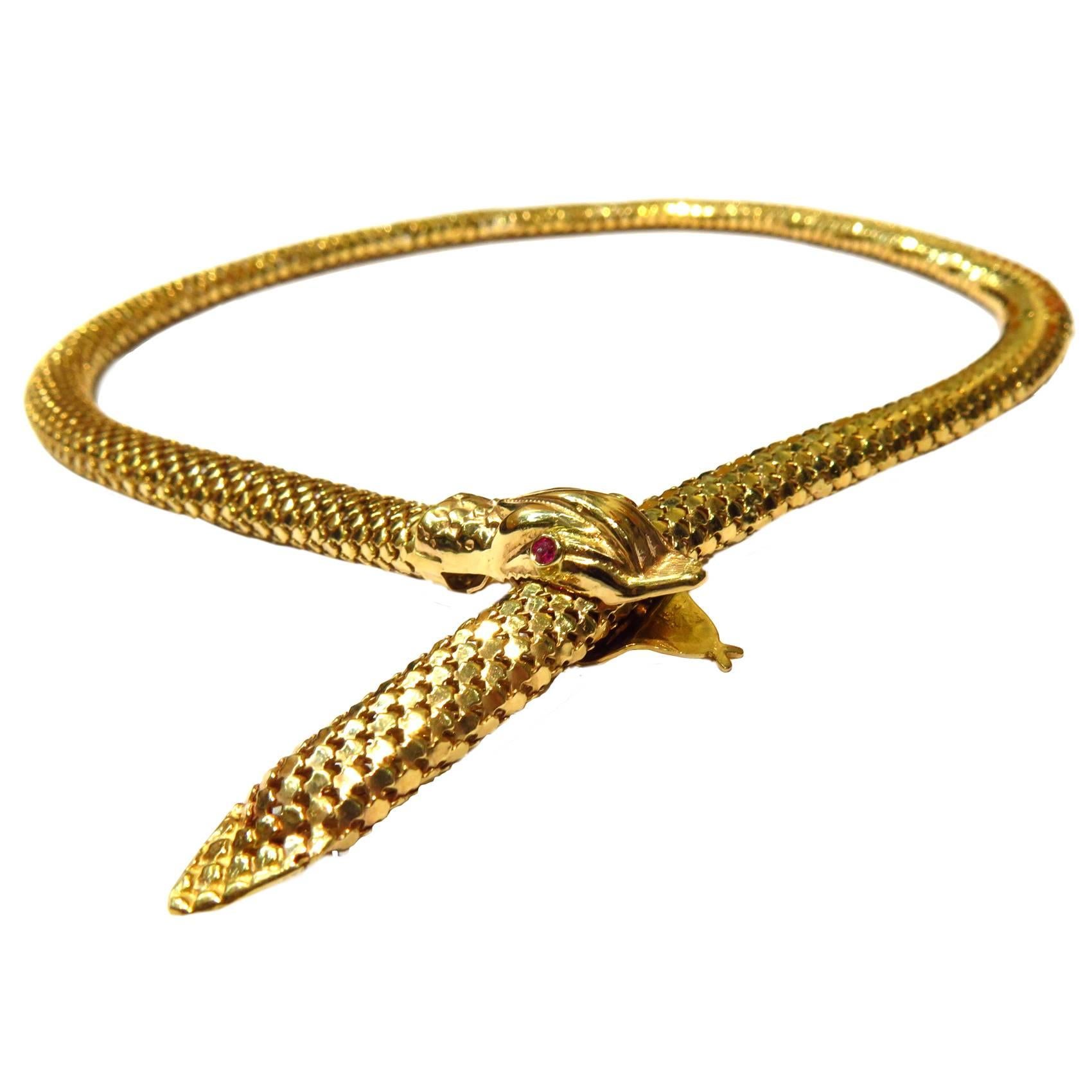 Exceptional Adjustable Flexible Ruby Gold Snake Necklace 