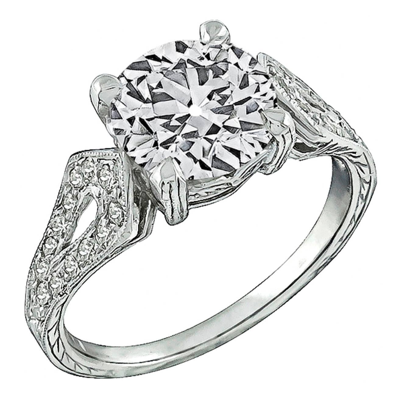 2.40 Carat Old European Cut Diamond Platinum Engagement Ring For Sale