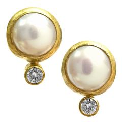 Petra Class One of a Kind Freshwater Pearl Diamond Gold Stud Earrings