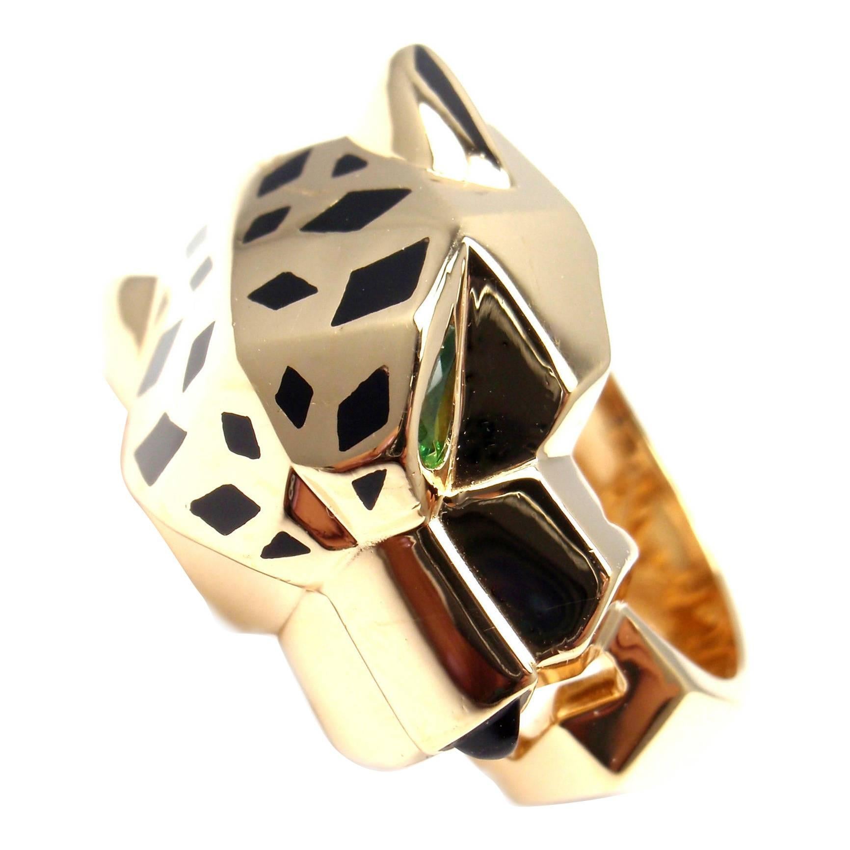 Cartier Panther Panthere Tsavorite Onyx Black Lacquer Gold Ring