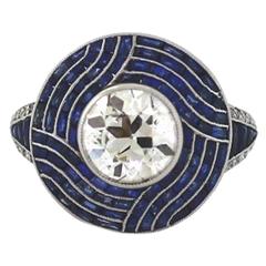 Calbre Cut Sapphire Round Diamond platinum Ring Vintage Calbre Cut Sapphire Round Diamond platinum Ring