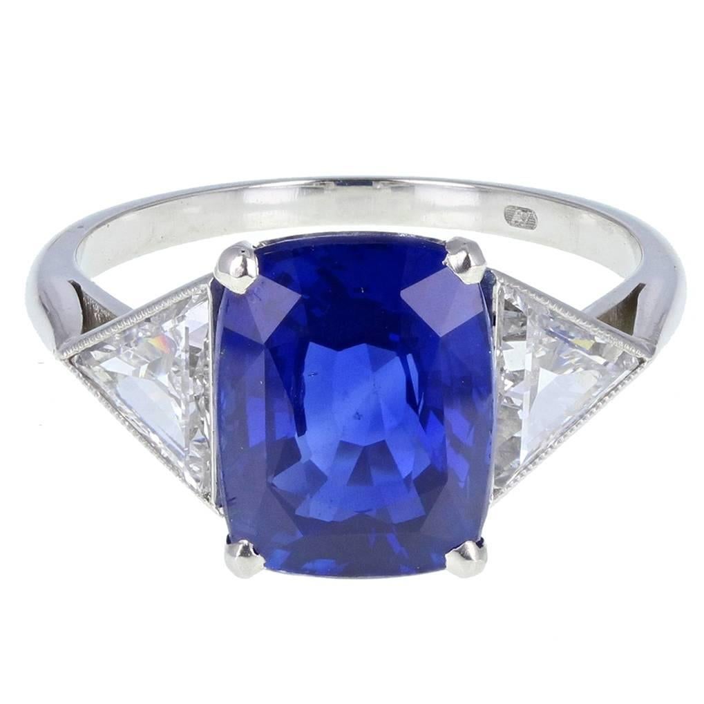 Certified No Heat 5 Carat Ceylon Sapphire Diamond Three-Stone Platinum Ring