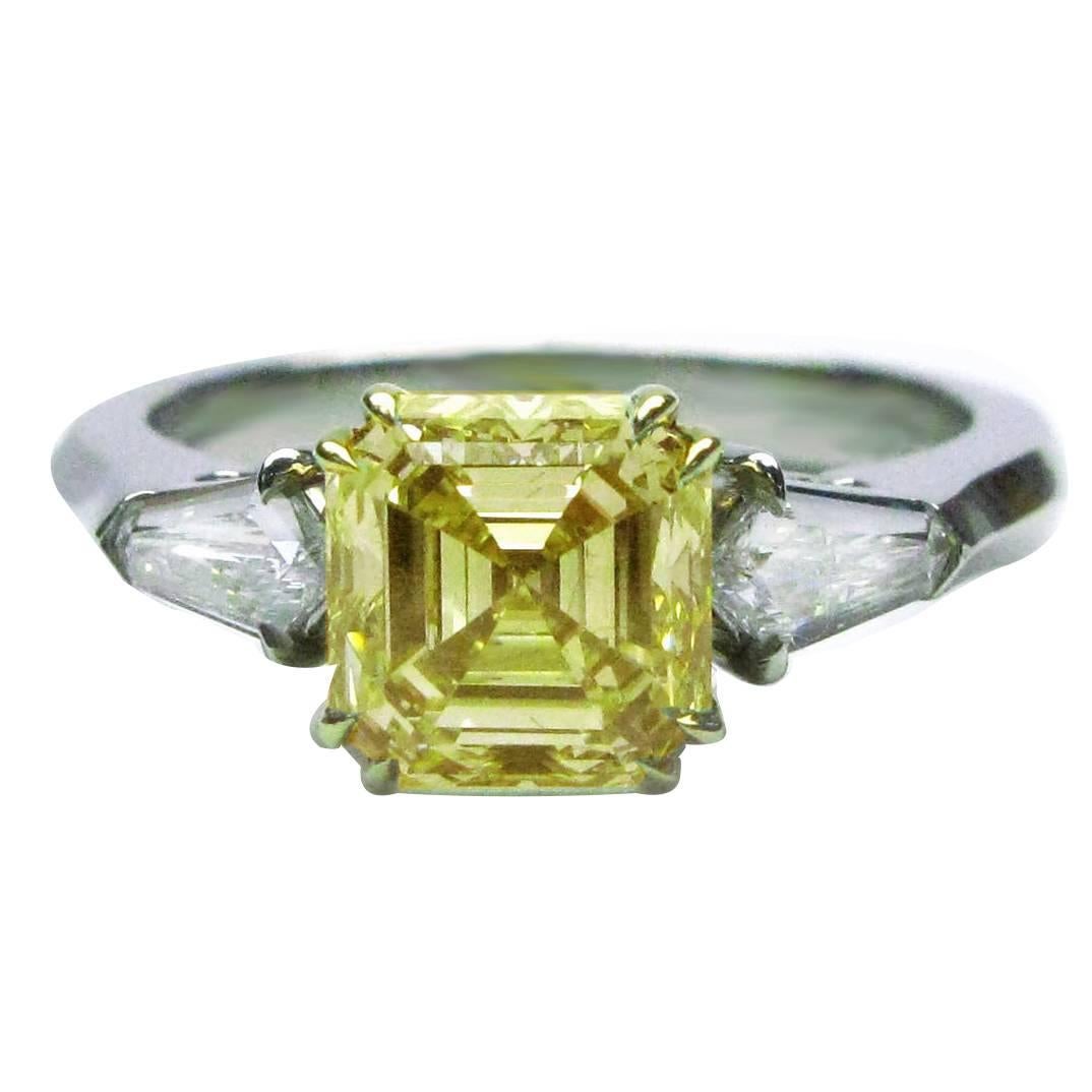 1.91 Carat GIA Cert Fancy Yellow Asscher Cut Diamond Platinum Engagement Ring