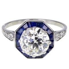 Art Deco Solitaire Diamond Calibre Cut Sapphire Platinum Ring 3