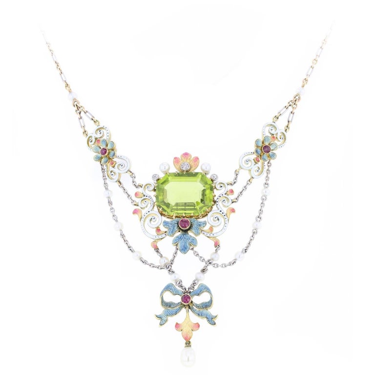Art Nouveau Peridot Enamel Pearl Necklace For Sale at 1stDibs | peridot ...