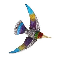 Enamel Rose-cut Diamond Antique Bird Brooch