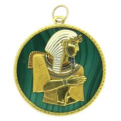 1970s Egyptian Themed Enamel Malachite Gold Pharaoh Pendant