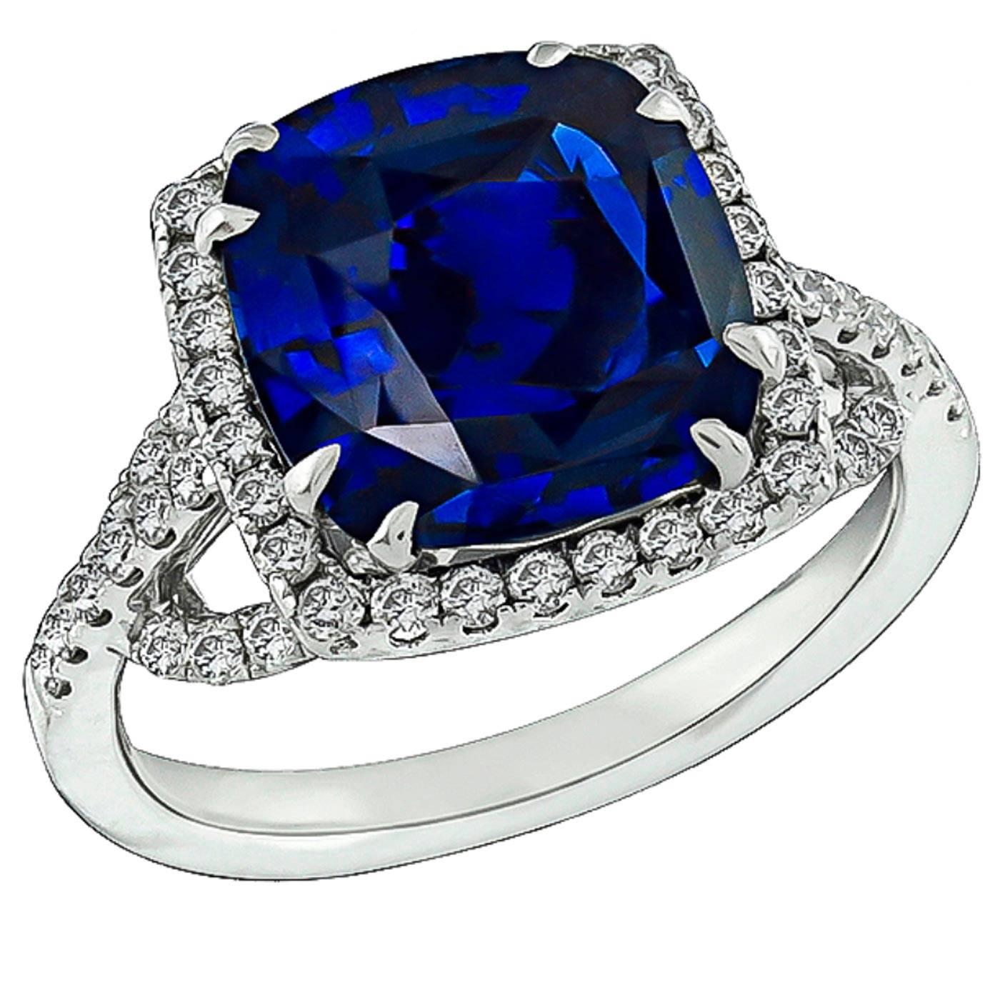 Natural 5.16 Carat Cushion Cut Sapphire Diamond Gold Ring For Sale