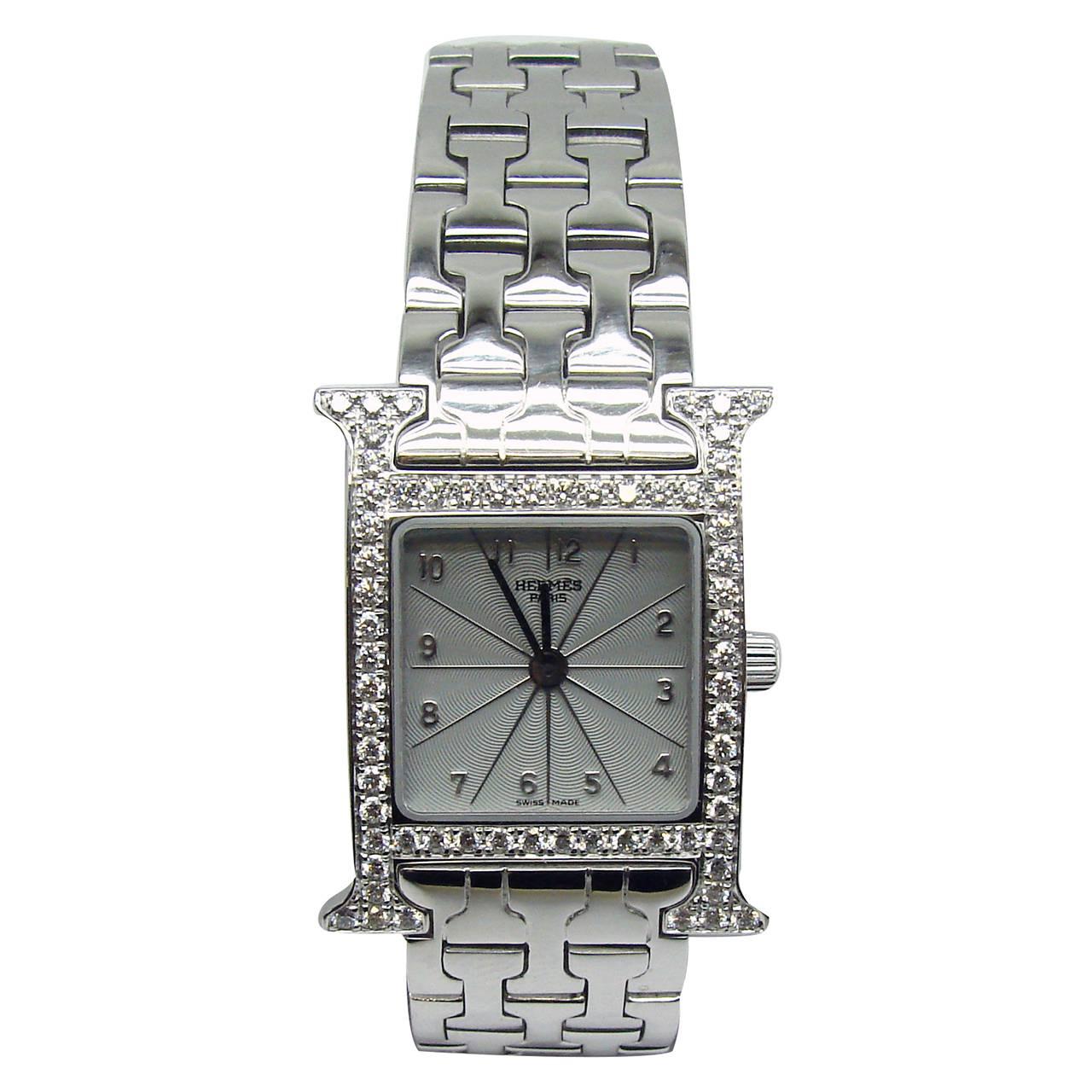 Hermes Lady's White Gold Diamond Heure H Quartz Wristwatch