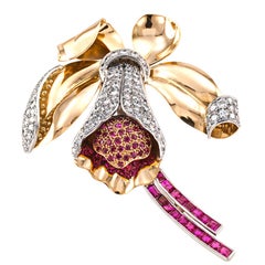 Retro Orchid Ruby and Diamond Brooch