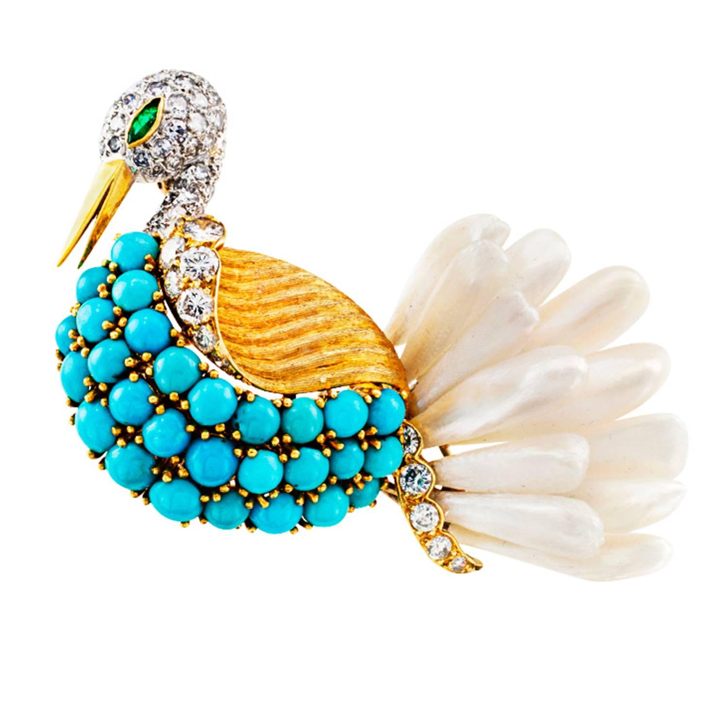 Swan Brooch Handcrafted with Petal Pearls Turquoise and Diamonds