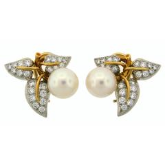 1970s Tiffany & Co. Schlumberger Pearl Diamond Gold Platinum Earrings