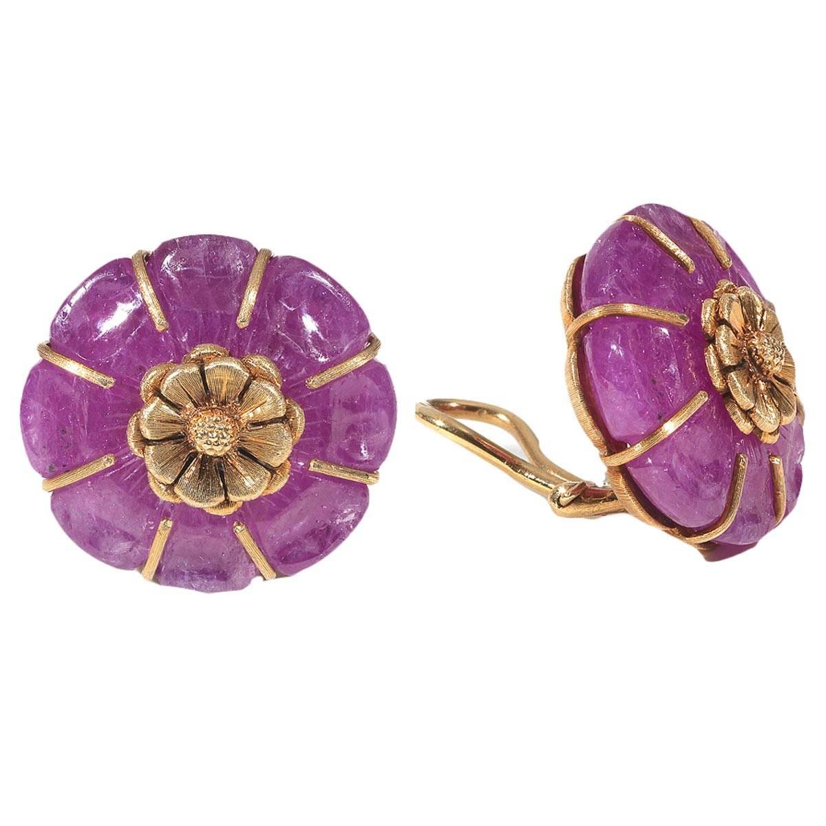 Buccellati Pair of Ruby Gold Earclips 