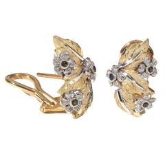 Buccellati Pair of Sapphire Two Color Gold Leaf Earclips