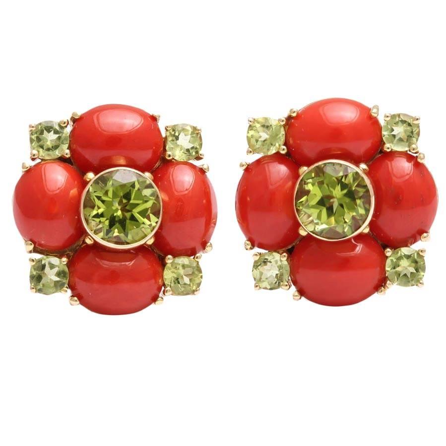 1950s Maz Oxblood Coral Peridot Gold Clip On Flower Earrings