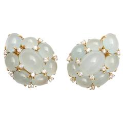 1960's Moonstone & Gold With Diamonds Palsey Design Earrrings With Posts