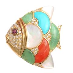 1980's Gold And MultiColored Stone Gem Set Whimisical Angel-Fish Brooch