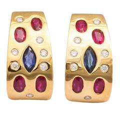 1960's Solid Gold, Ruby, Sapphire & Diamond Half Hoop Clip-On Earrings 